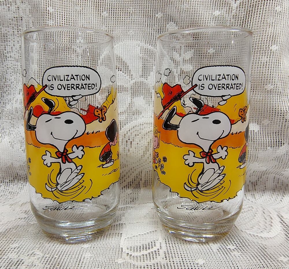 2 Vintage Peanuts CAMP SNOOPY Civilization Is Overrated 1971 McDonalds Glasses
